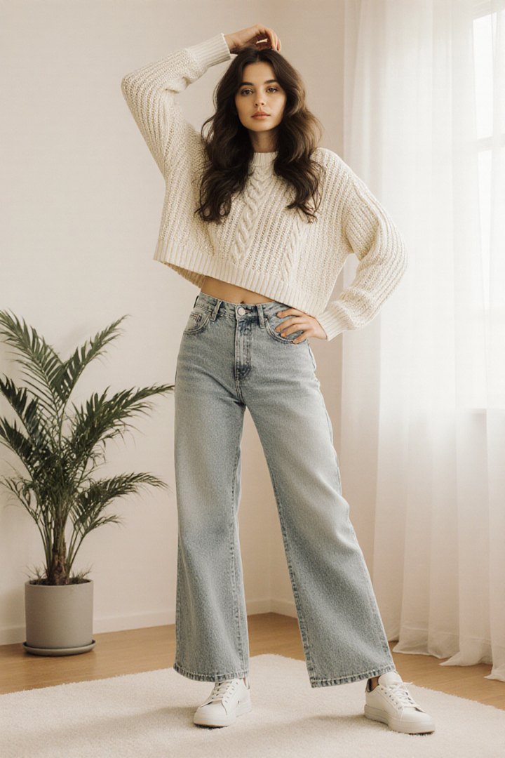 Render with seed 11: a woman with one arm raised, in a cream jumper and wide jeans, beside a palm.