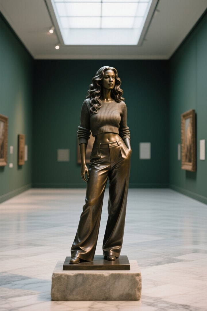 Bronze statue render without ControlNet: a statue with one hand in a pocket, in a long gallery with a skylight.