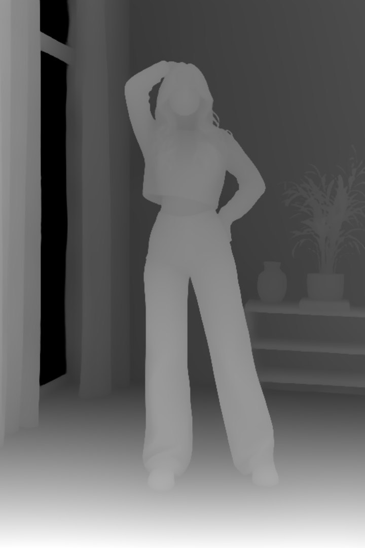 Depth map of the reference: the woman in light grey against a darker background, nearer things brighter.