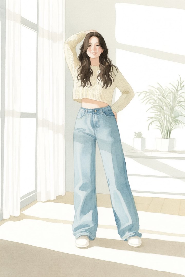 Watercolour render at strength 0.5: nearly identical to 1.0, with the vase on the shelf missing.