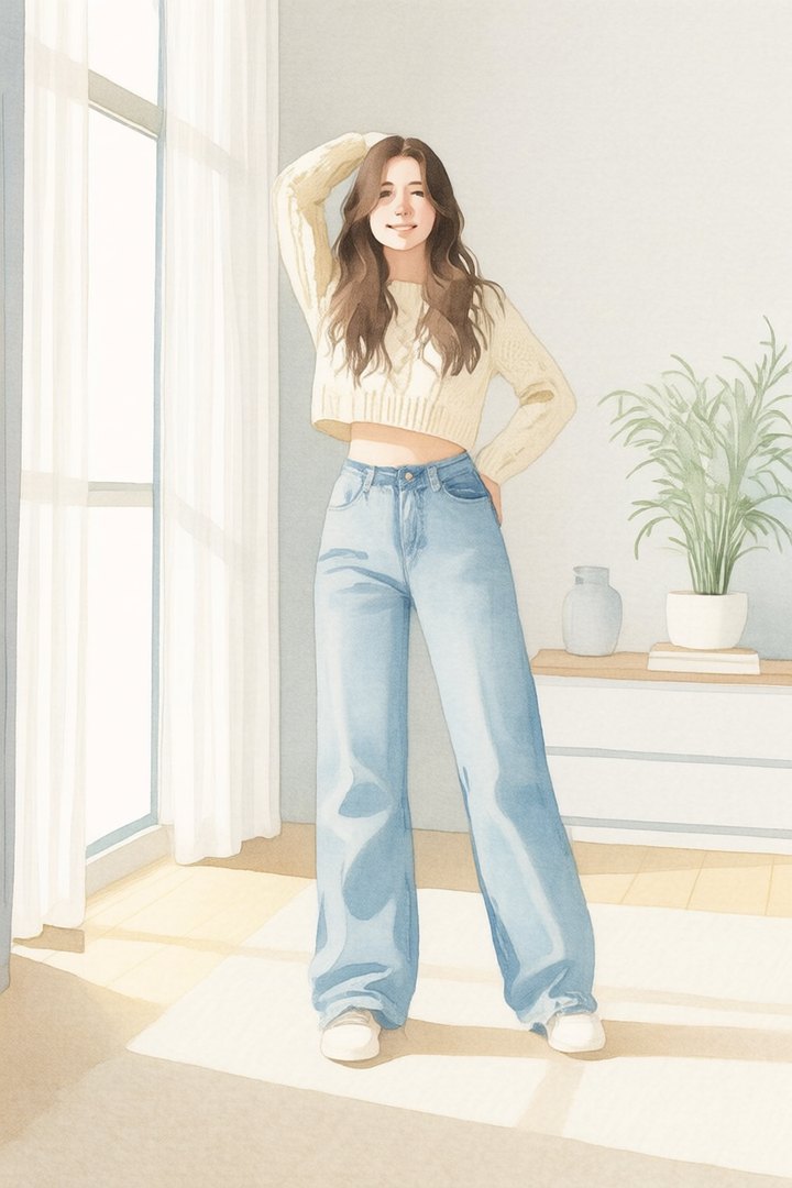 Watercolour render with the Canny ControlNet: the full figure with one hand in her hair and one on her hip, a window on the left and a plant and shelf on the right, matching the reference.