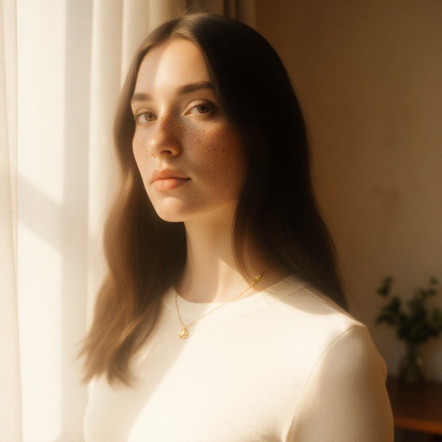 The portrait at 8 steps with the Hyper-FLUX LoRA at 0.125: sharp freckles, earrings and window light.