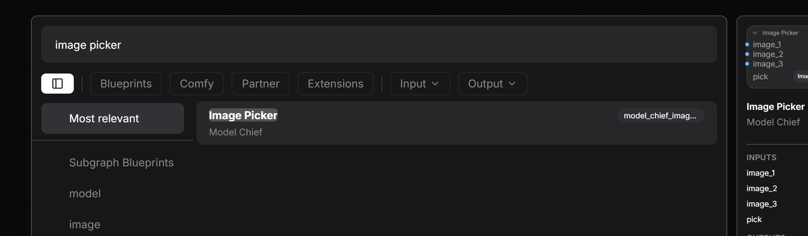 ComfyUI's node search with image picker typed in, listing Image Picker under the Model Chief category, with its three IMAGE inputs, pick widget and IMAGE output.