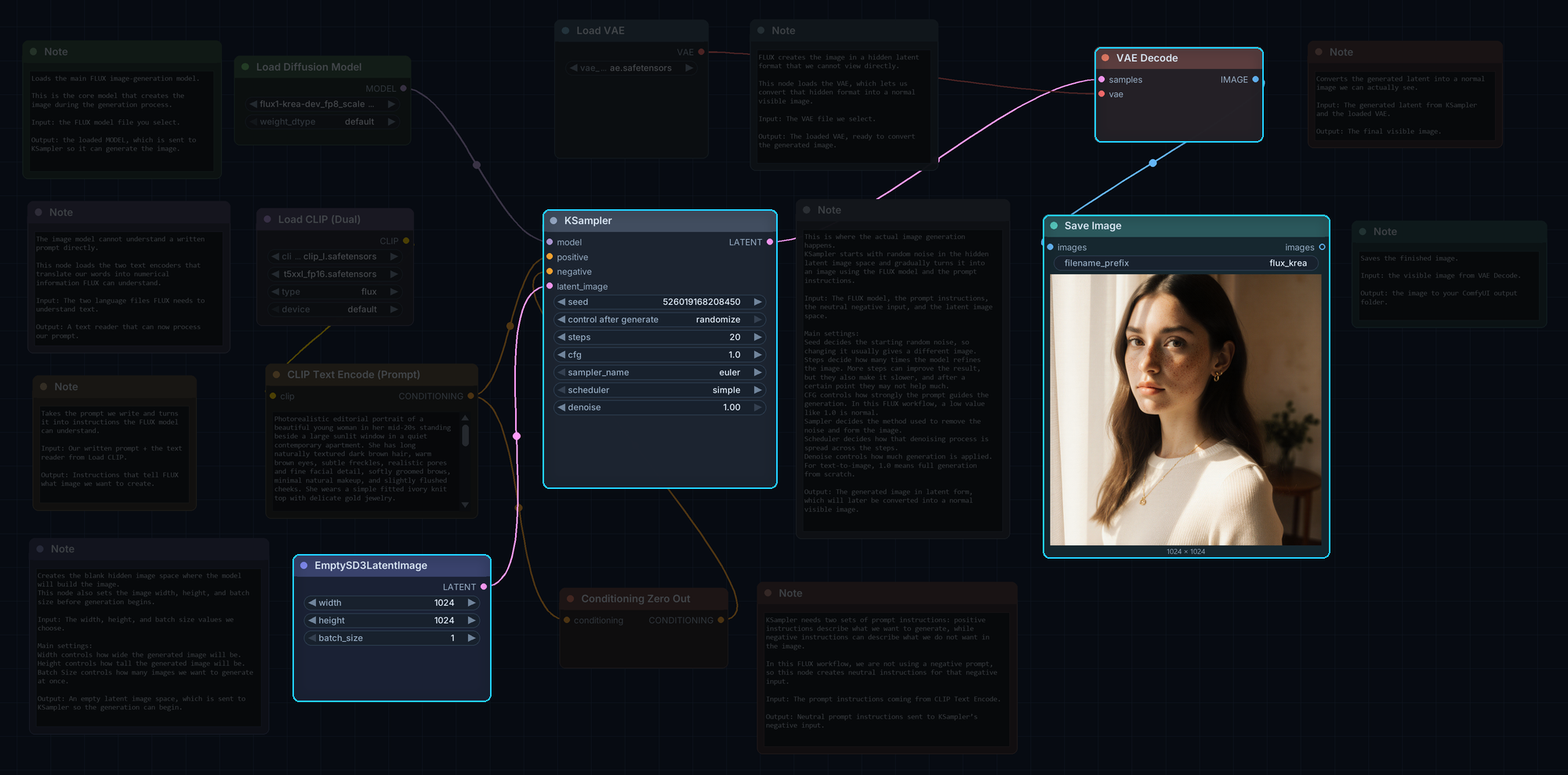 The full workflow with EmptySD3LatentImage, KSampler, VAE Decode and Save Image highlighted, showing the path the image takes.