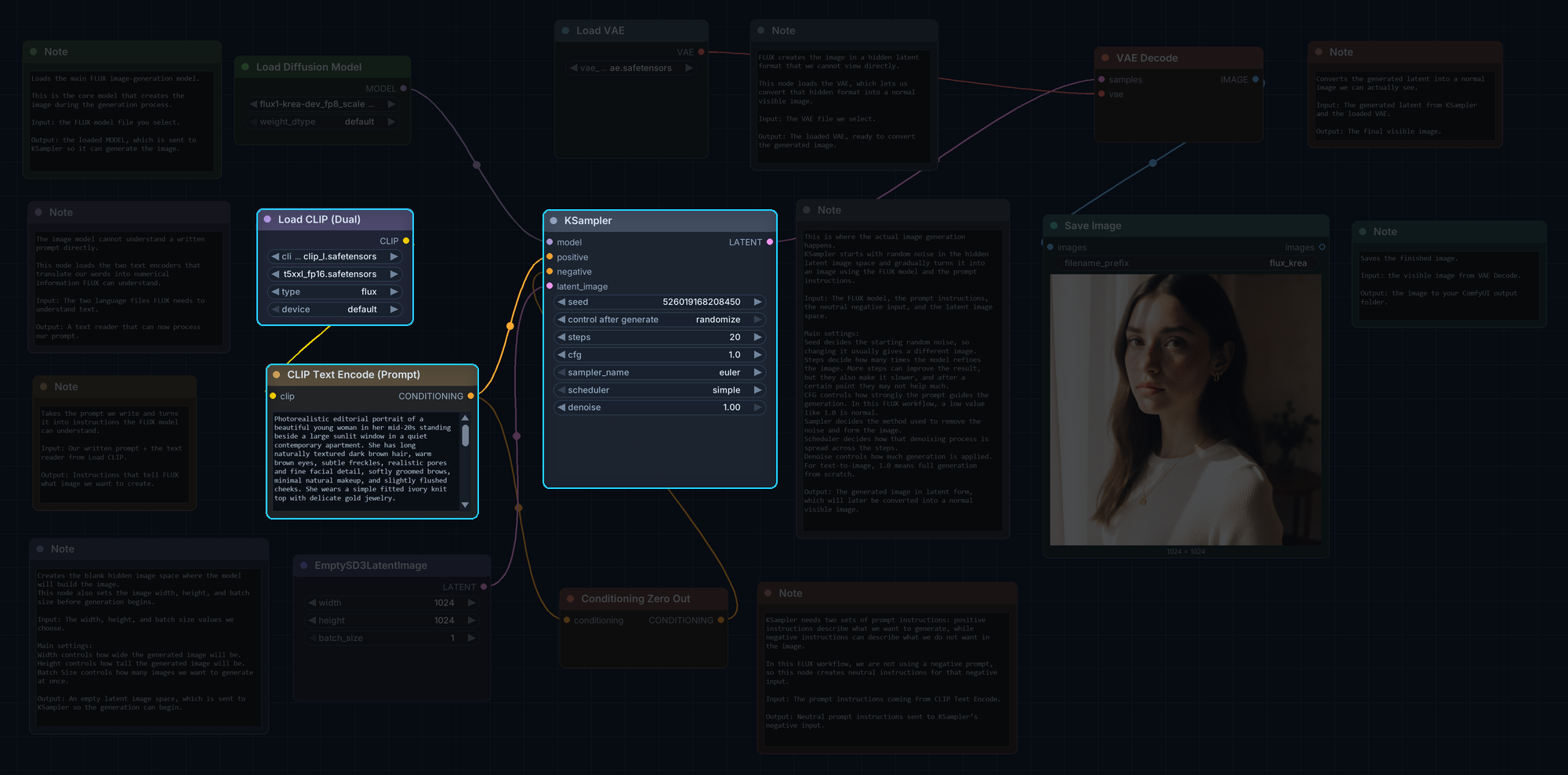 The full workflow with Load CLIP, CLIP Text Encode and KSampler highlighted, showing the path a prompt takes.