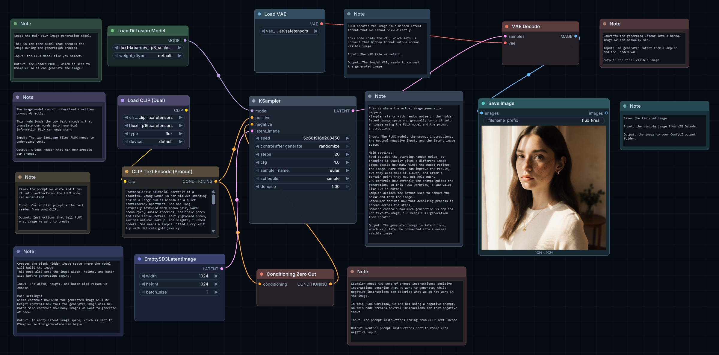 The FLUX.1 Krea workflow in ComfyUI: model and text-encoder loaders, the prompt, an empty latent, KSampler, VAE Decode and Save Image, each with its note.