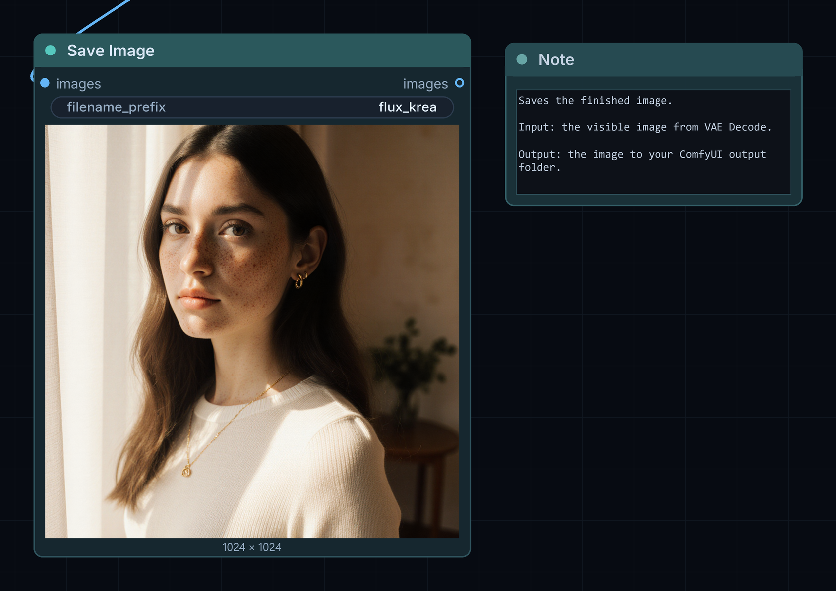The Save Image node with filename_prefix flux_krea, showing the generated portrait of a woman beside a sunlit window, with its note.