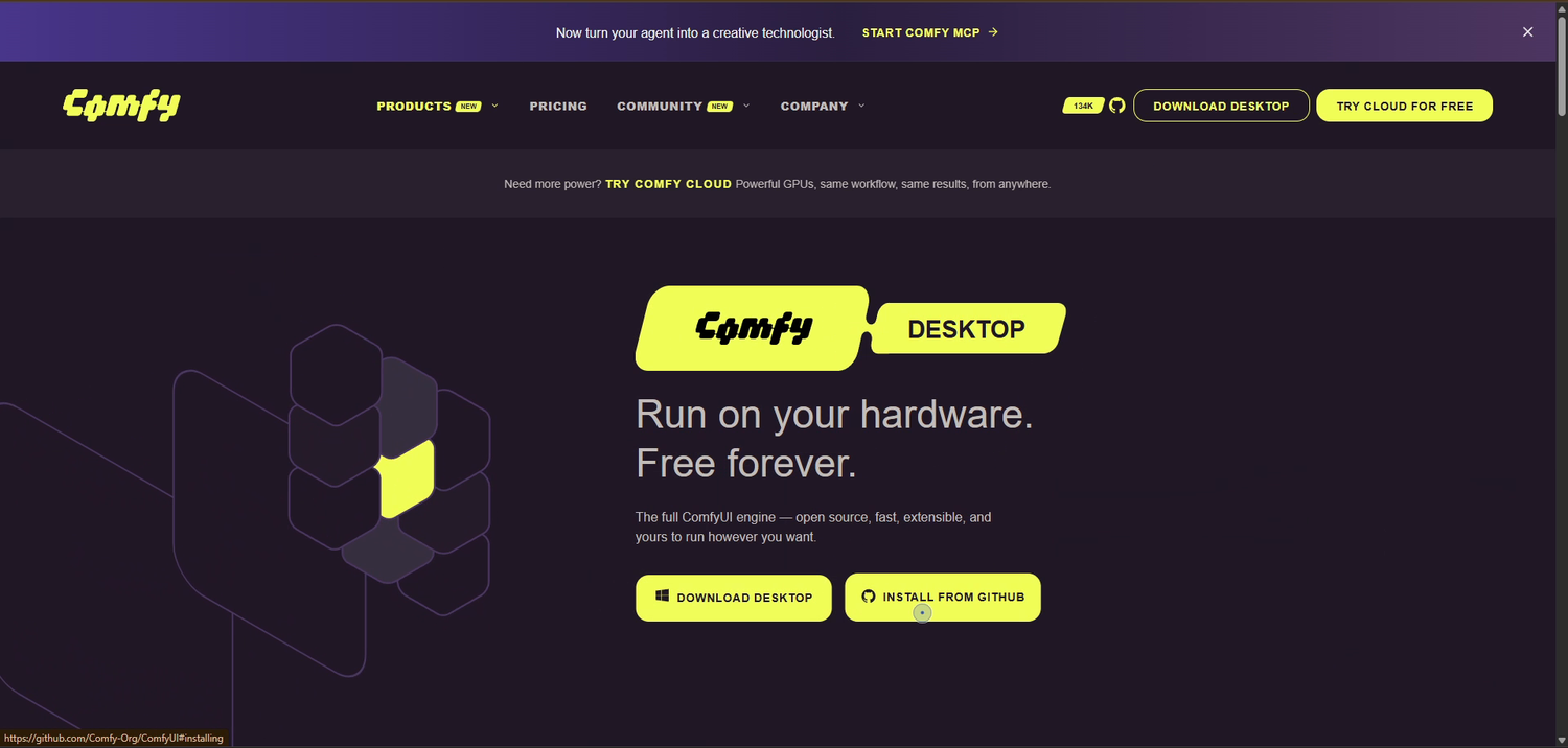 The comfy.org download page showing Comfy Desktop, Run on your hardware, Free forever, with Download Desktop and Install from GitHub buttons.