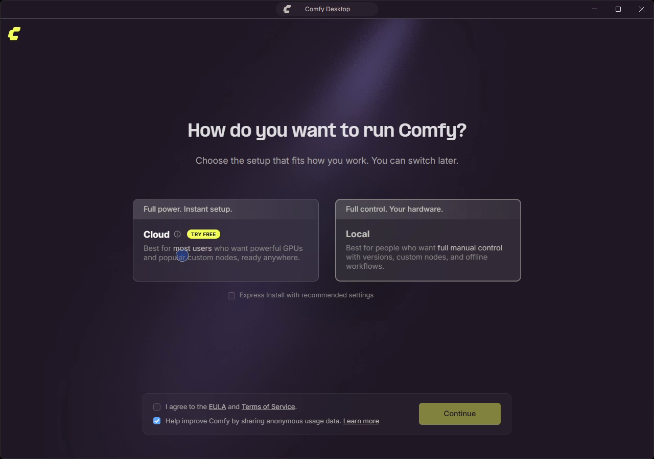 The Comfy Desktop setup screen asking How do you want to run Comfy, with Cloud and Local options, an Express Install checkbox and a Continue button.