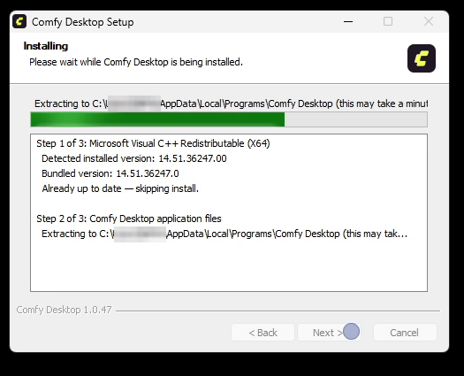 The Comfy Desktop Setup window showing step 1 of 3, Microsoft Visual C++ Redistributable already up to date, and step 2 of 3 extracting application files.
