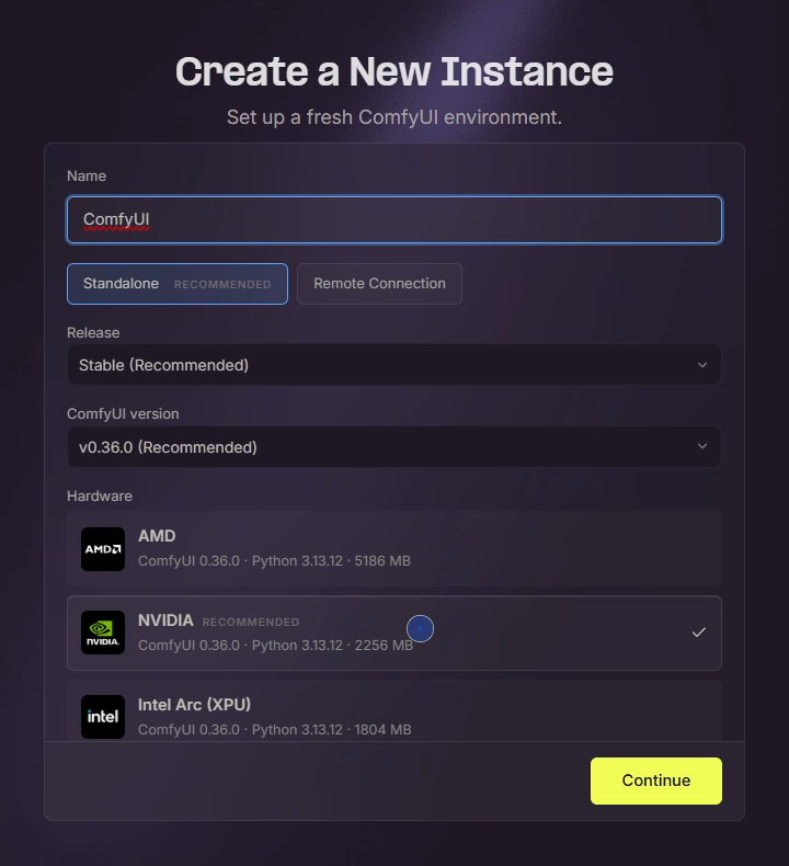 The Create a New Instance screen: name ComfyUI, Standalone selected, Release Stable, ComfyUI version v0.36.0, and hardware options AMD 5186 MB, NVIDIA 2256 MB (selected, recommended) and Intel Arc XPU 1804 MB, all with Python 3.13.12.