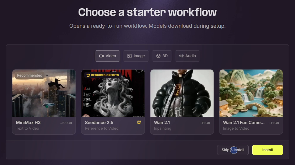 The Choose a starter workflow screen with Video, Image, 3D and Audio tabs, showing MiniMax H3 text to video at about 53 GB, Seedance 2.5 marked Requires credits, and two Wan 2.1 workflows at about 11 GB, with Skip and Install and Install buttons.
