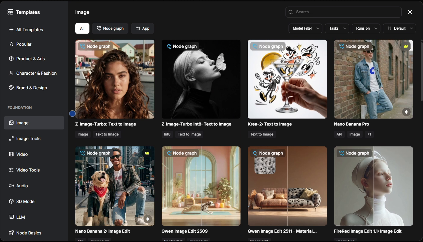 The ComfyUI template browser on the Image category: Z-Image-Turbo text to image, Z-Image-Turbo Int8, Krea-2, Nano Banana Pro, Nano Banana 2 image edit, Qwen Image Edit 2509 and 2511, and FireRed Image Edit 1.1.