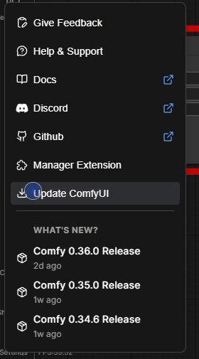 The ComfyUI Help menu showing Give Feedback, Help and Support, Docs, Discord, Github, Manager Extension and Update ComfyUI, with a What's New list of recent releases.