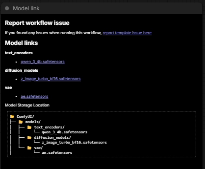 A note inside a ComfyUI template listing model links and a Model Storage Location tree: ComfyUI/models/text_encoders, diffusion_models and vae.