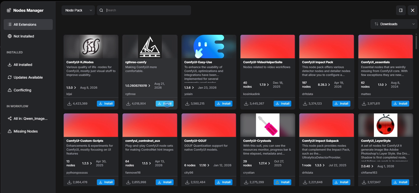 The ComfyUI Nodes Manager showing node pack cards with Install buttons and a sidebar with All Extensions, Not Installed, All Installed, Updates Available, Conflicting and Missing Nodes.