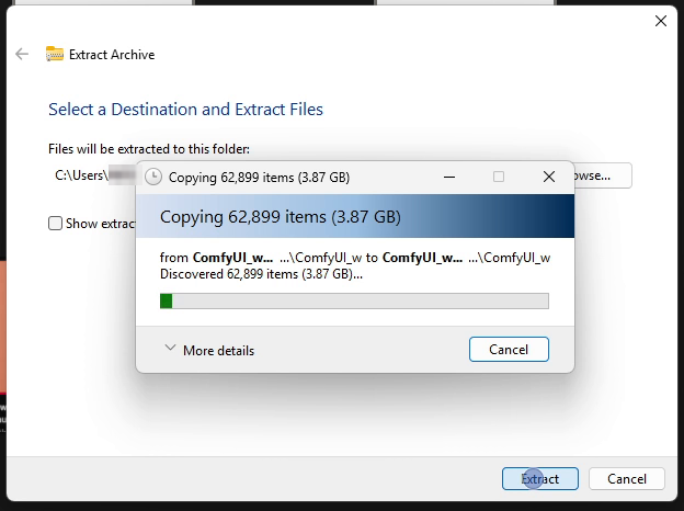Windows Extract Archive dialog with a progress window reading Copying 62,899 items 3.87 GB.