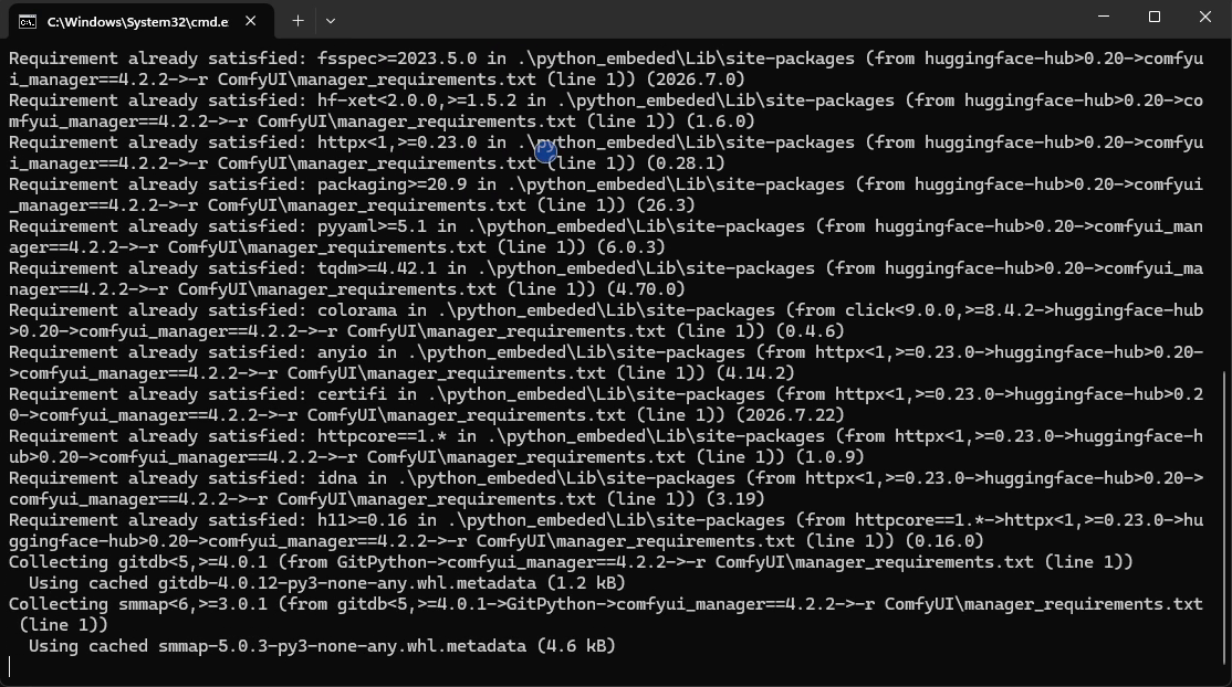 A command prompt installing comfyui_manager 4.2.2 and its dependencies from manager_requirements.txt.