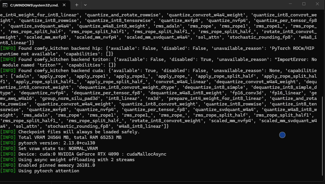 The ComfyUI console showing Total VRAM 24564 MB, total RAM 65253 MB, pytorch version 2.13.0+cu130, Device cuda:0 NVIDIA GeForce RTX 4090.