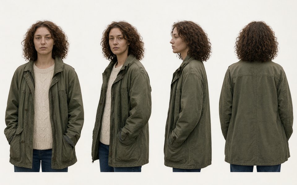 A character sheet of the same woman from the front, three-quarter, side and back.