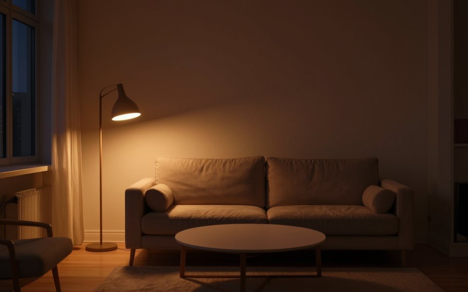 The living room restyled as a Scandinavian room in warm evening light, same layout.