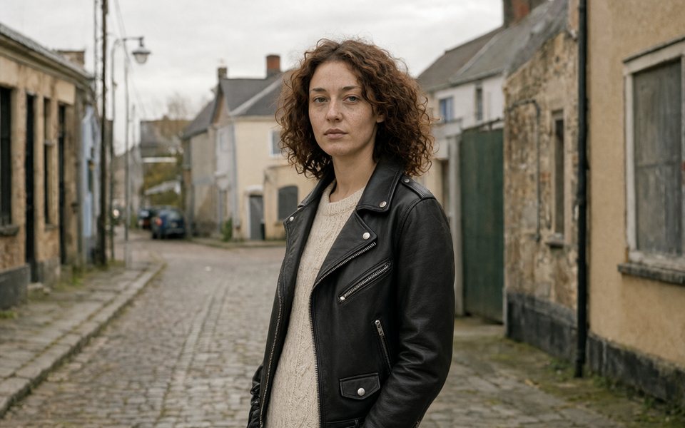 The woman with her green jacket replaced by a black leather biker jacket.