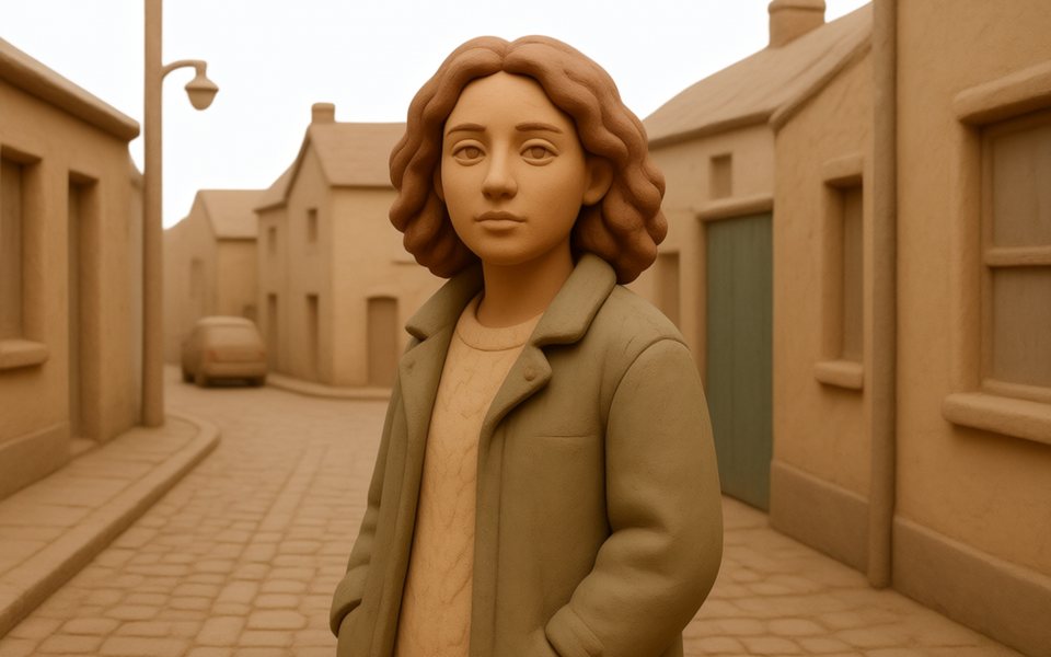 The woman and her street turned into a clay sculpture by the clay LoRA.